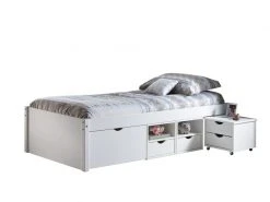 Lit Avec Compartiments De Rangement, Table De Chevet Avec Roues Inclus, En Pin Massif Verni à L'eau, Blanc