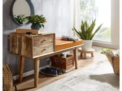 Finebuy Banc Peau De Chèvre Bois Massif 120x65x40 Cm Style Rétro | Banquette Couloir Avec Espace De Rangement | Banc En Cuir Véritable Rembourré Stockage | Petit Banc De Lit -Banquette Magasin G CNF F39804765 D